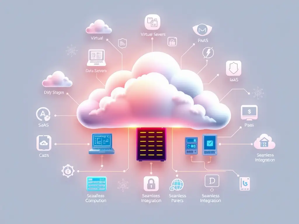Cloud computing infrastructure illustration showing servers, databases, and network connectivity