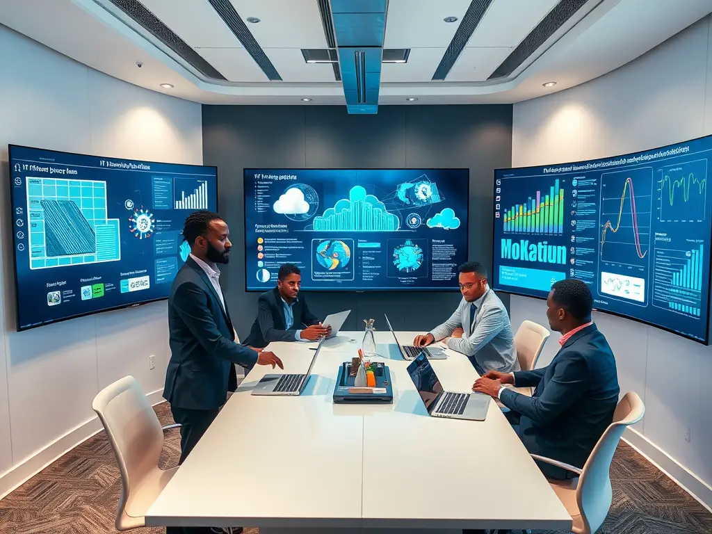 IT consultation meeting with business professionals discussing technology strategy