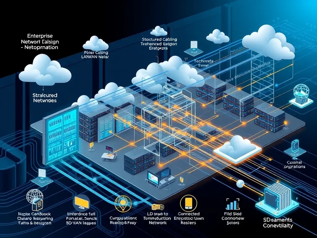 Enterprise network infrastructure diagram showing routers, switches, and connectivity solutions